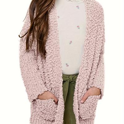 TEMU Girls Cardigan Open Front Popcorn Knit Long Sleeve Sweaters Coat With Pockets