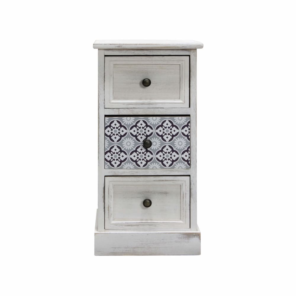 Comodino maioliche con 3 cassetti in legno bianco