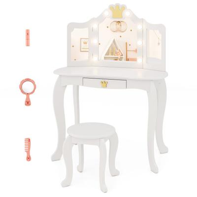 Costway Kids Vanity Set with Tri-fold Lighted Mirror Detachable Top and Stool-White