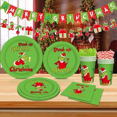 Christmas Grinch Themed Tableware Set Birthday Party Disposable Tableware Paper Cup Set Household