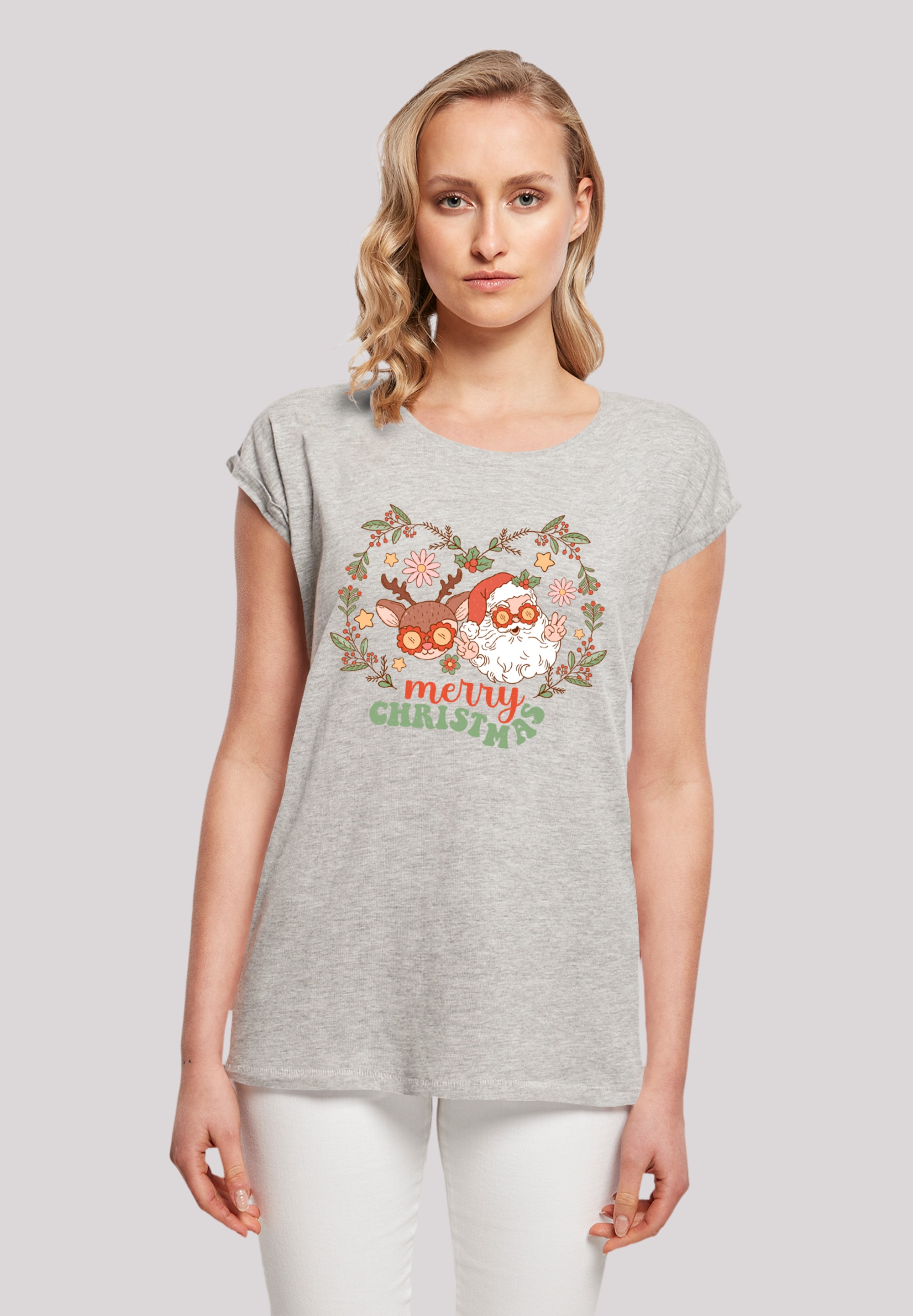 T-Shirt F4NT4STIC "Weihnachten Hippie Santa And Reindeer", Damen, Gr. S, grau (erdgrau), Obermaterial: 100% Baumwolle, regular fit, Rundhals, ohne Bündchen, Shirts T-Shirt, Premium Qualität, Weihnachts-Kollection
