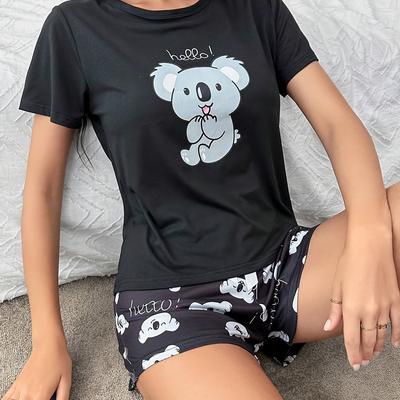 TEMU 1 Set Women's Cute Koala Print Short Sleeve T-shirt And Bow-knot Shorts Pajama Set, Polyester Knit Fabric, Round Neck, Animal Pattern, For All Sleepwear