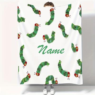TEMU Customizable Caterpillar Throw Blanket With Personalized Name, Soft Plush Bedding For Sofa, Office, And Camping, Hypoallergenic Knitted Polyester, Machine Washable, Cartoon Print Design - 1pc Image