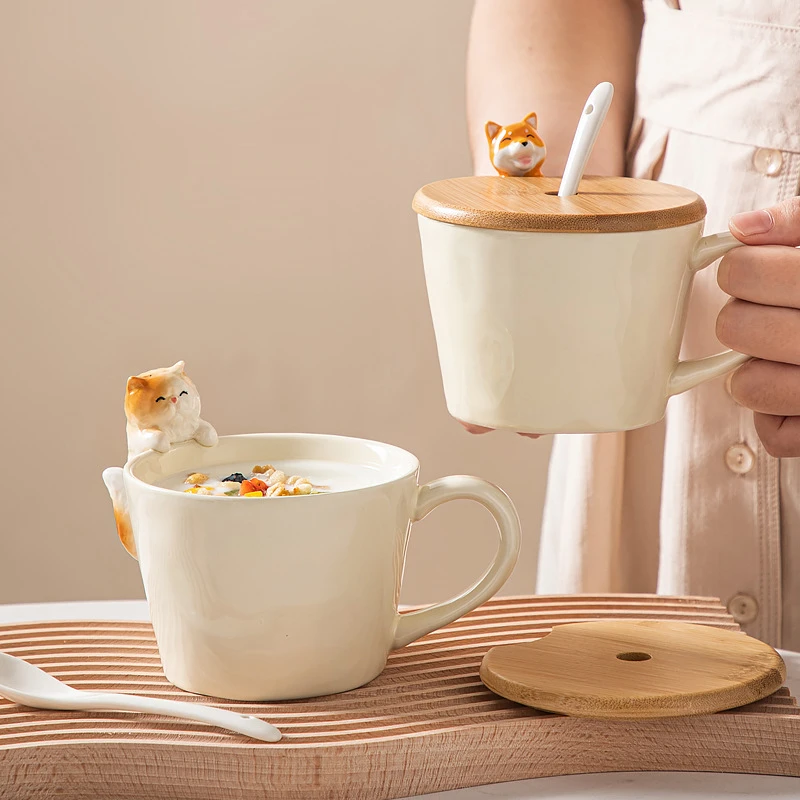 Tè cane gatto tazza a forma di 3D cartone animato in ceramica con coperchio tazza carina tazze da caffè regalo di compleanno Dessert tazze da latte decorazione della casa coppia