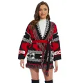 Cardigan con cintura bohémien rosso e nero con frange in lana Jacquard con stampa Jacquard da donna