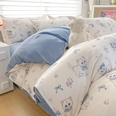 Cute Cat Duvet Cover Set Cartoon Cats Kitten Kids Bedding Set, Floral Bow Girls Comforter Cover Set for Teens Bedroom Decoration