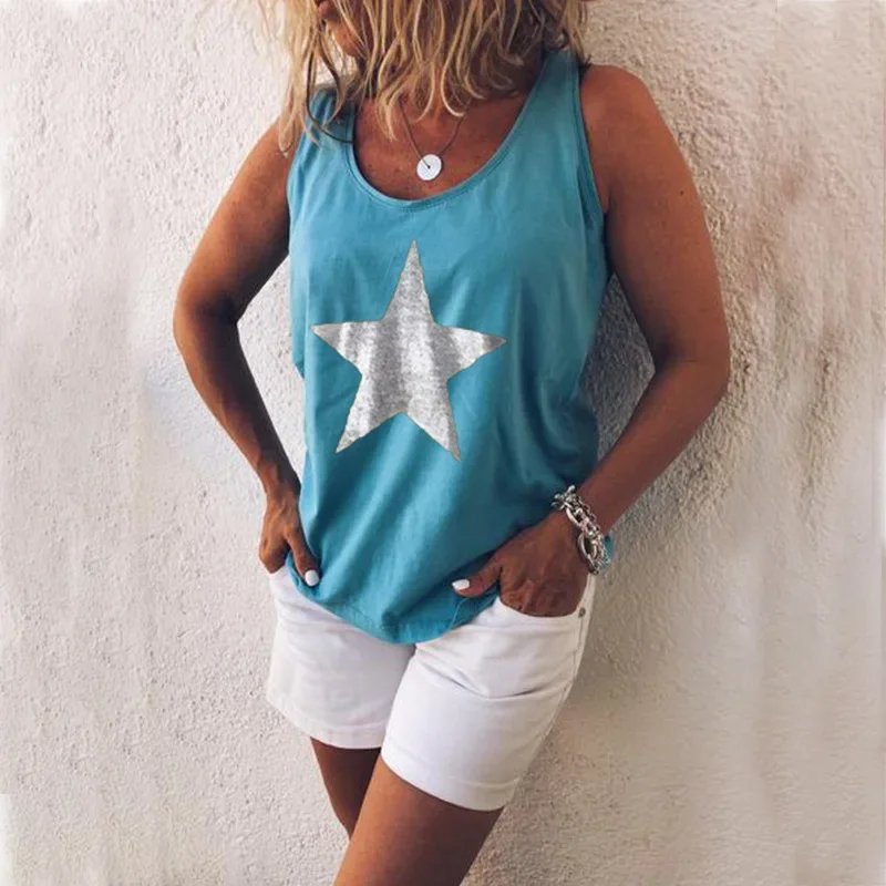 Women's L-5XL Plus size Summer European and American casual printed five pointed star round neck vest Women's clothing
