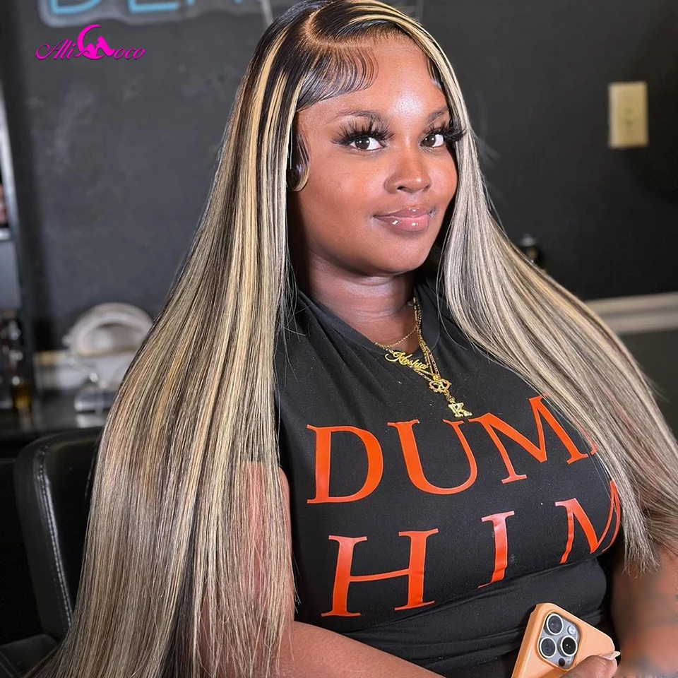 Highlight Blonde 200 Dichte 34 36 Zoll Echthaar P1B/27 Lace Front Perücken Transparente Spitze Brasilianisches Haar Für Frauen Gerade Image