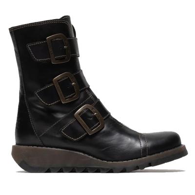 Fly London Damen SCOP110 Chelsea-Bikerstiefel aus Leder mit Knöchelriemen und Reißverschluss, Schwarz