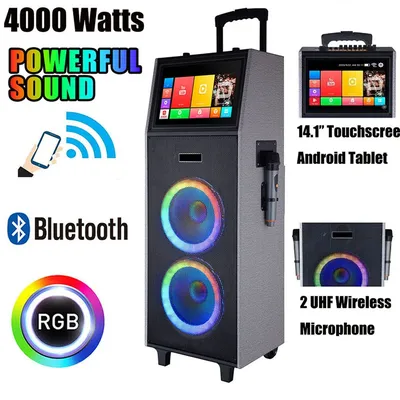 4000W Portable Bluetooth Speaker Dual 10" Subwoofer with 14.1" Touchscreen Tablet Sound System Party