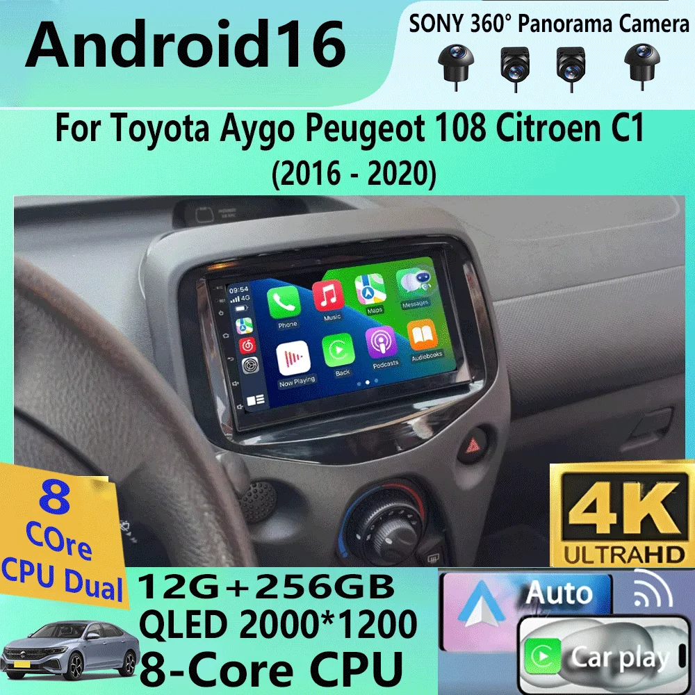 Autoradio Android 16 per Toyota Aygo Peugeot 108 Citroen C1 2016 2017 2018 - 2020 Carplay Lettore Multimediale Auto con Navigazione GPS