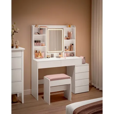 VASAGLE Dressing Table with LED Lights, Adjustable Brightness, 40 x 117.5 x 145 cm,Vanity Table with Mirror, Drawers