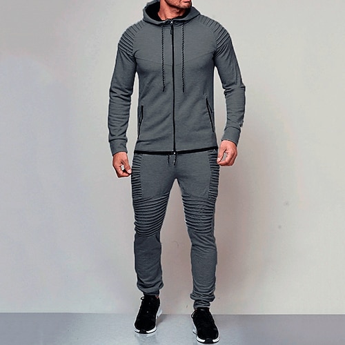 Herren Trainingsanzug Jogginganzug Kordelzug Tasche Einfarbig Jacke und Jogginghose Sportbekleidungsset Frühling Dunkelgrau Schwarz Fitnesstraining Joggen Laufen Weich Atmungsaktiv Langarm Sport Image