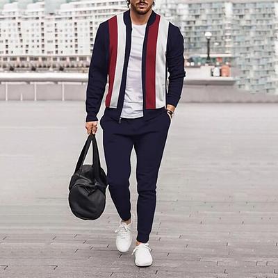Herren Trainingsanzug Jogginganzug 2 teilig Full Zip Casual Herbst Langarm Atmungsaktiv Weich Fitness Fitnesstraining Laufen Sportbekleidung Sportkleidung Farbblock Schwarz Weiß Rot Image