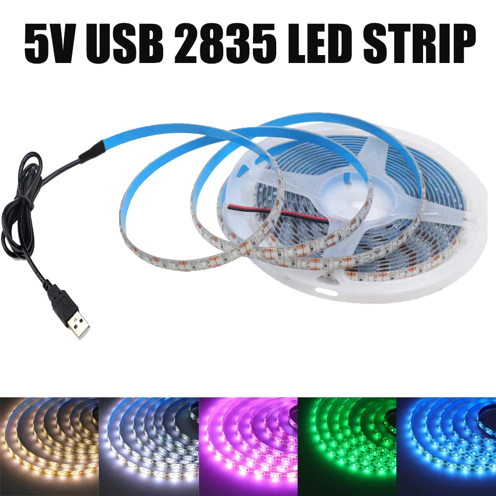 5 V USB-LED-Streifenlicht mit Klebeband, 2835, 60 LEDs, flexibles LED-Band, wasserdichtes Lichtschlauch für TV-Hintergrundbeleuchtung, Schranklampe