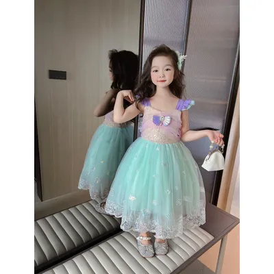 Mädchen niedlich atember aubende fliegende Ärmel Mesh Stitching Pailletten Design Muschel Bogen Dekoration Meerjungfrau Prinzessin Kleid, Halloween verkleiden Image