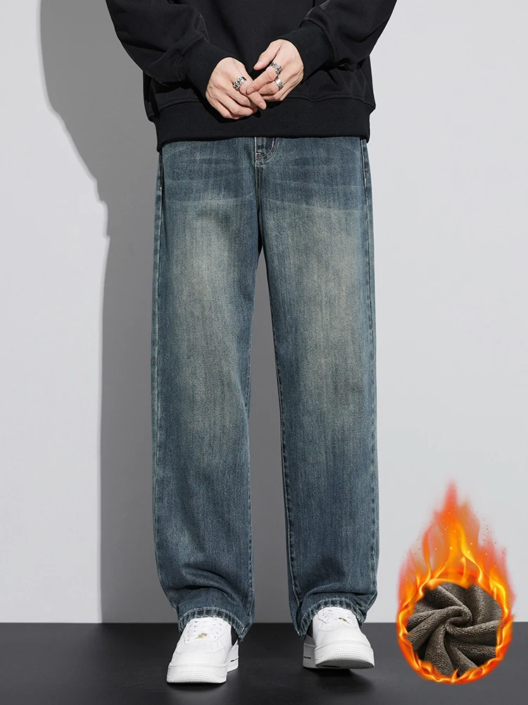 Fleece Baggy Gerade Jeans Männer Winter Neue Klassische Vintage Blau Breite Bein Denim Hosen Mode Koreanische Verdickt Warme Männliche Hosen
