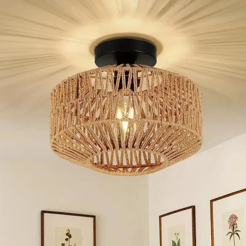 Natürliche Bambus Decke Kronleuchter Hängen Lampe Handgemachte Rattan Leuchte Weben Hause Wohnzimmer Dekor Decke Anhänger Licht Image