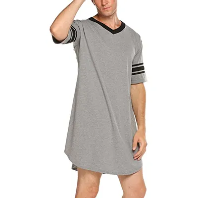 Männer Baumwolle Nachthemd Kurzarm V-ausschnitt Weiche Lose Nachtwäsche Bequeme Männer Nachtwäsche Männliche Homewear Sleep Image