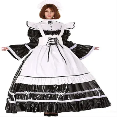 Schwarzes PVC Gothic abschließbare lange eigenständige Schürze Prissy Sissy Kleid Mädchen Cosplay Image
