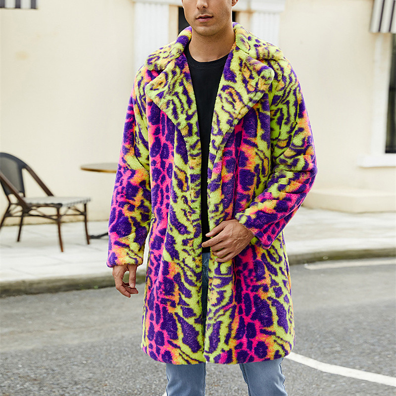 Men's Winter Jacket Fleece Jacket Faux Fur Coat Daily Vacation Thermal Warm Pocket Fleece Fall Winter Leopard Print Fashion Streetwear Lapel Long Green Jacket