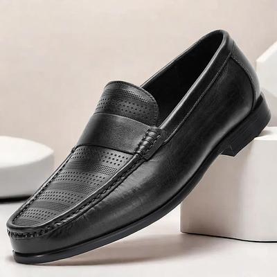 Men's Premium Cowhide Leather Loafers – Perforated Design Slip-On Dress Shoes for Business and Formal Occasions