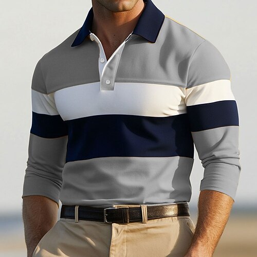 Homme Bloc de Couleur Polos de Rugby manche longue Polos Col Polo Côtelé Mode Motifs 3D Confortable Formel Travail Occasionnel Boutons Automne Hiver Vin Jaune Gris