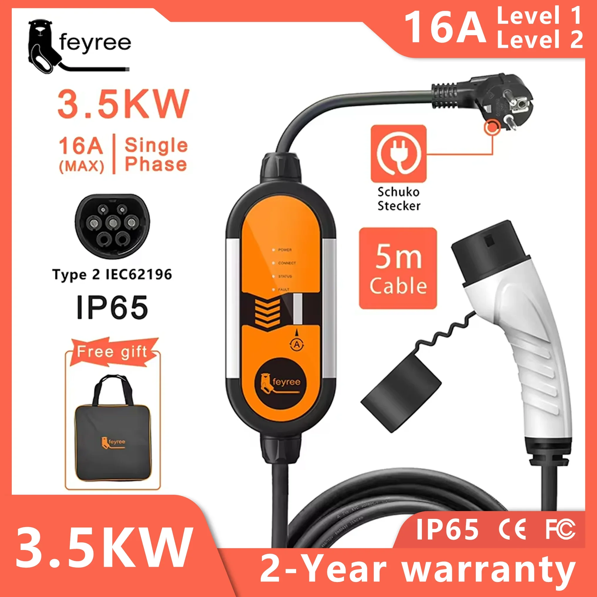 Feyree Type2 16A 3.5KW caricabatterie portatile EV cavo di ricarica EVSE 5m con spina Schuko corrente regolabile per caricabatterie per auto elettrica