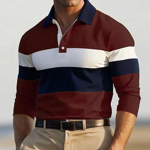 Homme Bloc de Couleur Polos de Rugby manche longue Polos Col Polo Côtelé Mode Motifs 3D Confortable Formel Travail Occasionnel Boutons Automne Hiver Vin Jaune Gris
