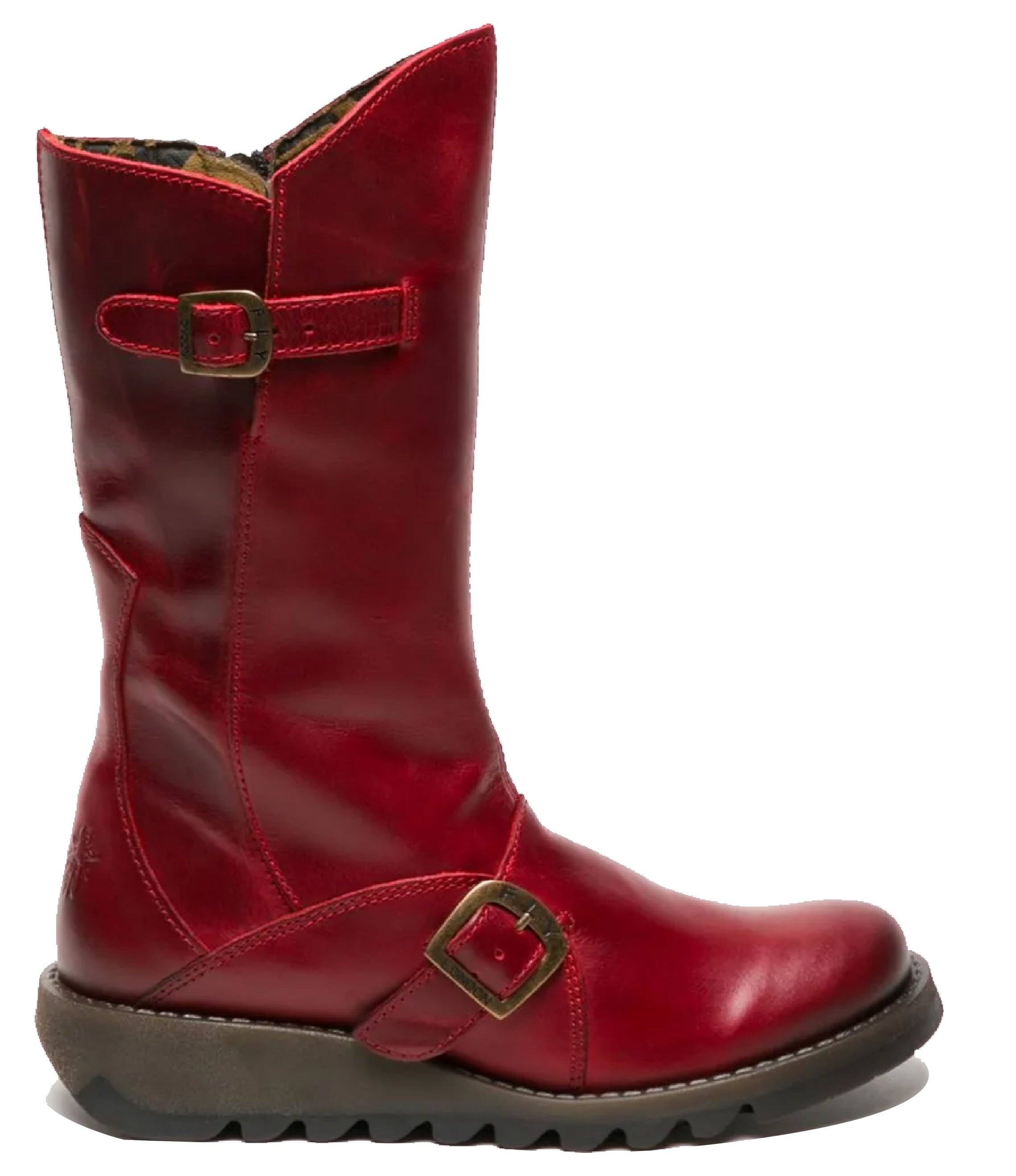 Fly London Damen MES 2 Plateaustiefel mit Keilabsatz, Schnalle, halbhohem Schaft, Reißverschluss, Rot