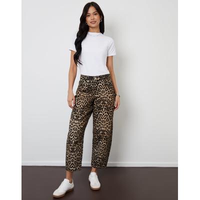 Threadbare Women's Leopard Print Barrel Leg Denim Jeans