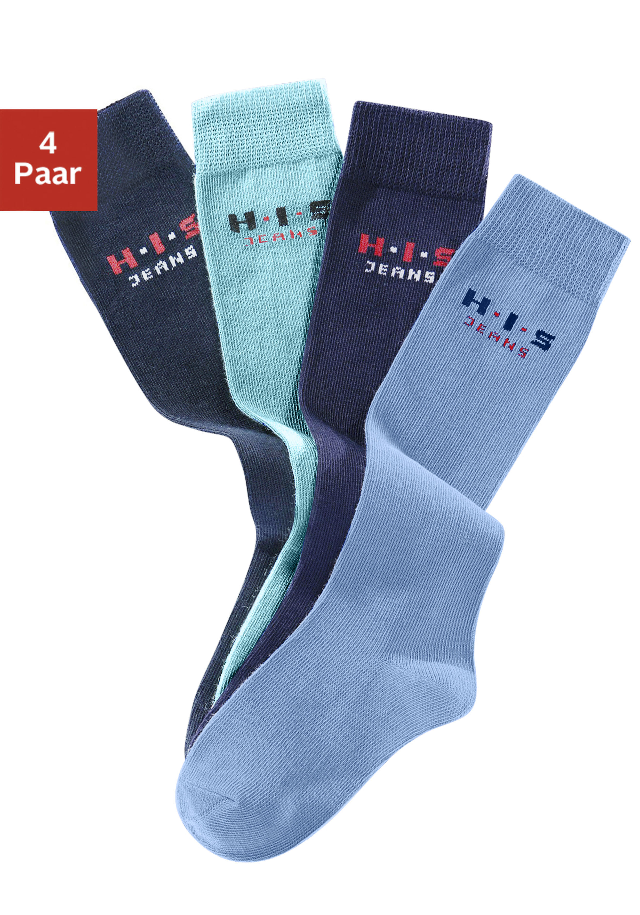 Kniestrümpfe H.I.S, Kinder, Gr. 43-46, blau (hellblau, marine, blau, dunkelblau), Baumwolle, Elasthan (LYCRA), Polyamid, unifarben, elastisch, Socken, mit verstärkten Belastungszonen Image