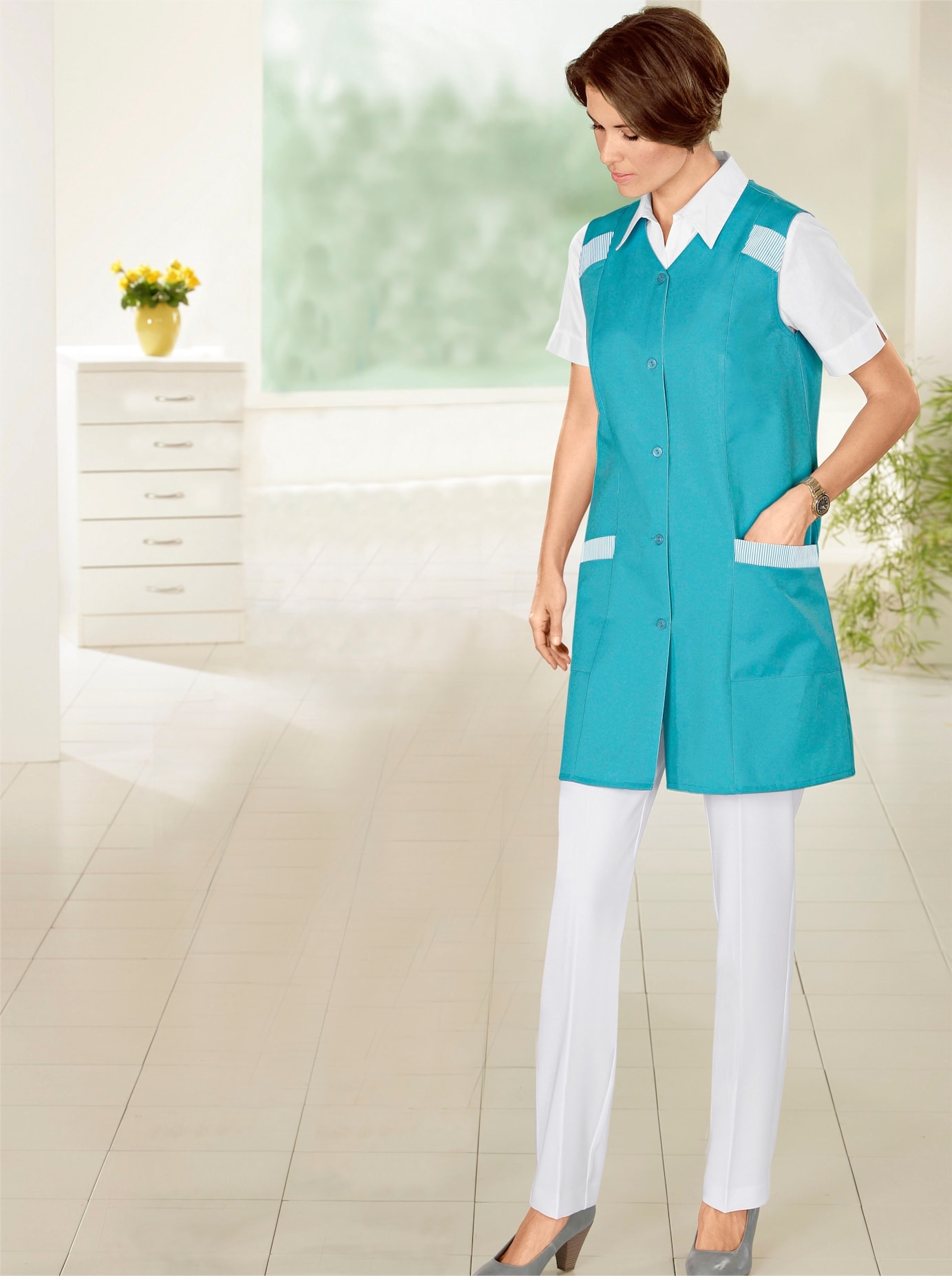 Kochschürze CLASSIC BASICS, Damen, Gr. 44, blau (türkis), Baumwollmischung, Kunstfaser, Polyester, Schürzen Kochschürze