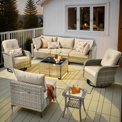 OVIOS 8 Pieces Outdoor Wicker Swivel Chair Set With Solar-Powered Coffee Table