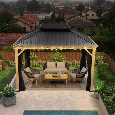 PURPLE LEAF Hardtop Gazebo Galvanized Steel Roof Gazebo Pergola w Wooden Coated Alumninum Frame and Mosquito Net