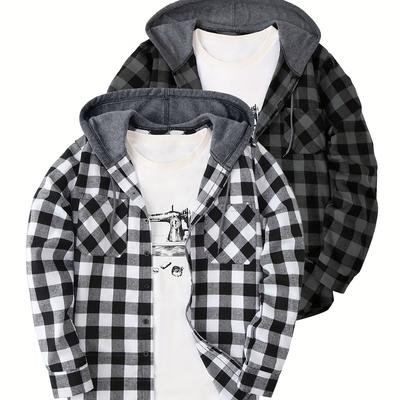 TEMU 2pcs Men's Casual Hooded Button-up Shirts - Soft Polyester-rayon Blend, Long Sleeve Regular Fit, Checkered Patterns For Spring Summer Fall Image