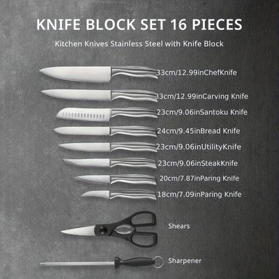 TEMU Knife Set, 16pcs Stainless Steel Kitchen Knife Set With Wooden Block, Sharp And Kitchen Knife Set With Knives, Steak Knives, Scissors, Sharpener, Kitchen Gadgets Gifts For Mom Or Dad Image