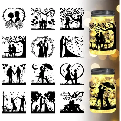 1 Satz Paar Silhouette Fenster ausschnitt Hochzeit Kunststoff Laterne Glas Aufkleber Papier für die Beleuchtung Dekoration Papier geschnitten Licht box nach Hause Image