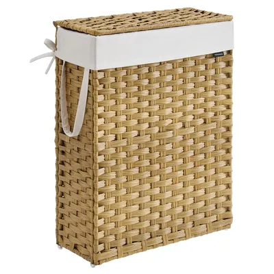 SONGMICS Slim Laundry Basket, 55L Synthetic Rattan Storage Basket with Lid and Handles, Wicker, Foldable, Removable Liners