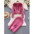 Autumn Winter Fashion Rose Red Woolen Two Piece Set Women Golden Button Chain Belt Tweed Short Jacket Coat+Split Midi Skirt Suit