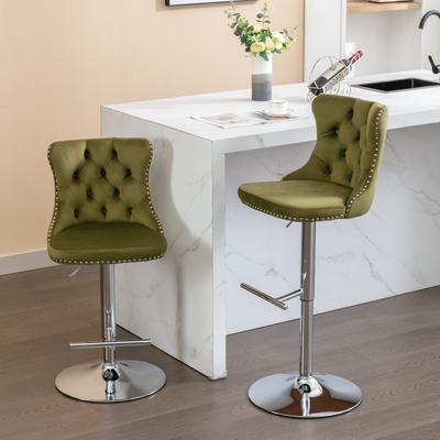 Modern Adjustable Bar Stools (Set of 6),Velvet, Metal Base,Light Green