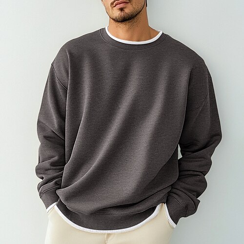 Herren T Shirt Oversize-Hemd T-Shirt Langarmshirt Langarm Rundhalsausschnitt Frühling Herbst Einfarbig Täglich Lässig Streetstyle Falscher Zweiteiler Gerippter Saum Outdoor Straße Lässig Schwarz Image