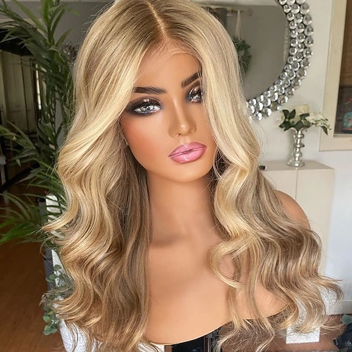 Unverarbeitetes reines Haar 5x5 Verschluss 13x4 Spitzenfront Perücke Freier Teil Brasilianisches Haar Wellen Blond Mehrfarbig Perücke 130% 150% Haardichte mit Babyhaar Strähnchen / Balayage-Technik Image
