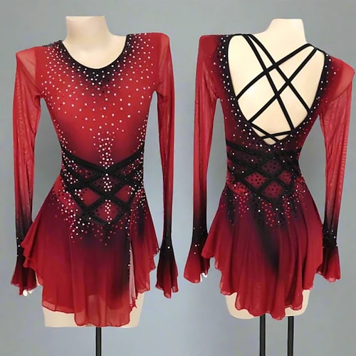 Eiskunstlaufkleid Damen Mädchen Eislaufen Kleid Rot Asymmetrischer Saum Netzstoff Hohe Elastizität Training Wettbewerb Eiskunstlaufkleidung Klassisch Kristall / Strass Langarm Eislaufen Eiskundstlauf Image