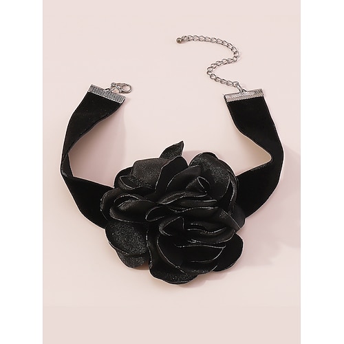 Elegante schwarze Samt-Halskette für Damen mit burgunderfarbenem Rosenblütenanhänger – auffällige florale Halskette für den Abend und besondere Anlässe Image