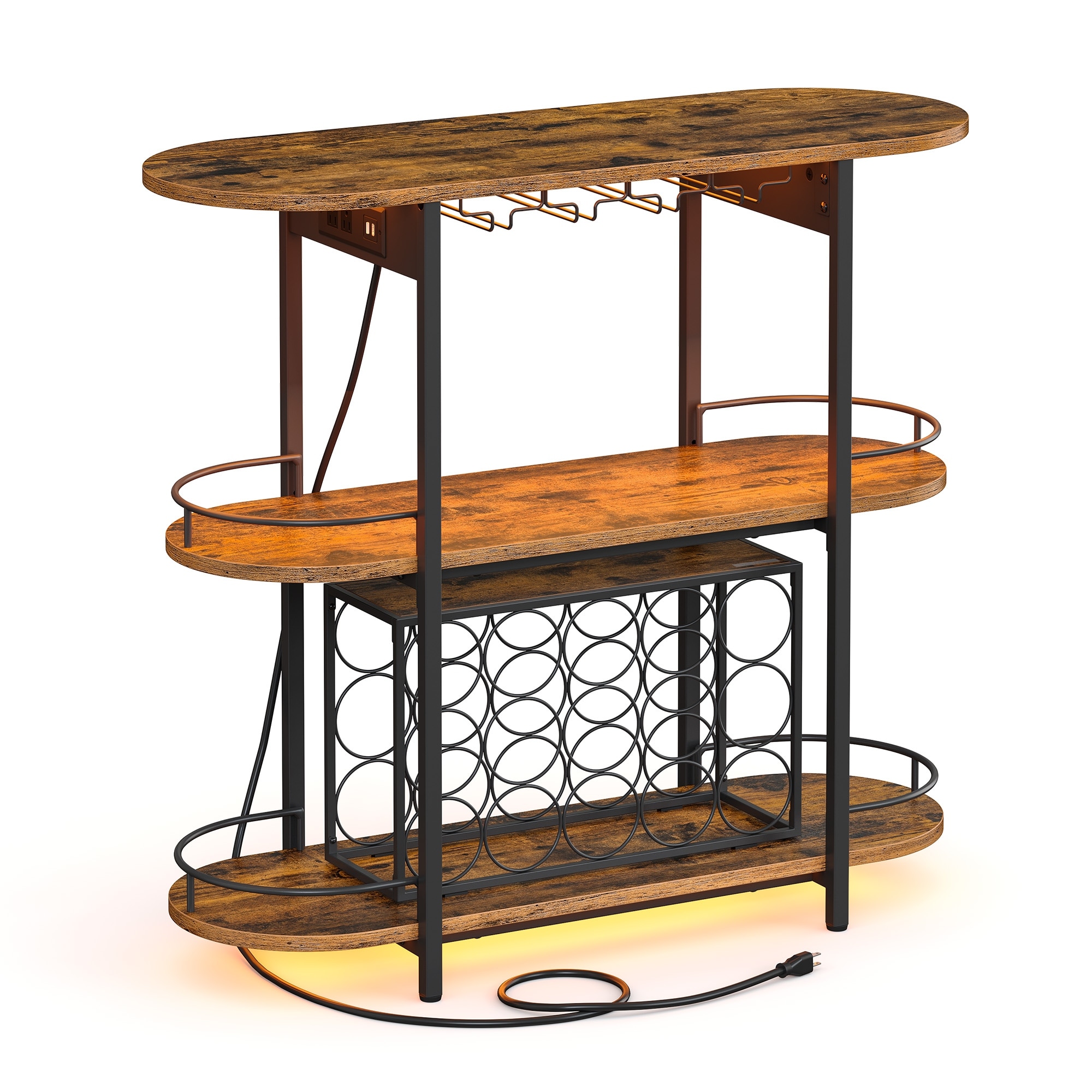 Bar Cabinet with LED Lights, Power Outlets, Wine Rack, and Glass Holder for Storage