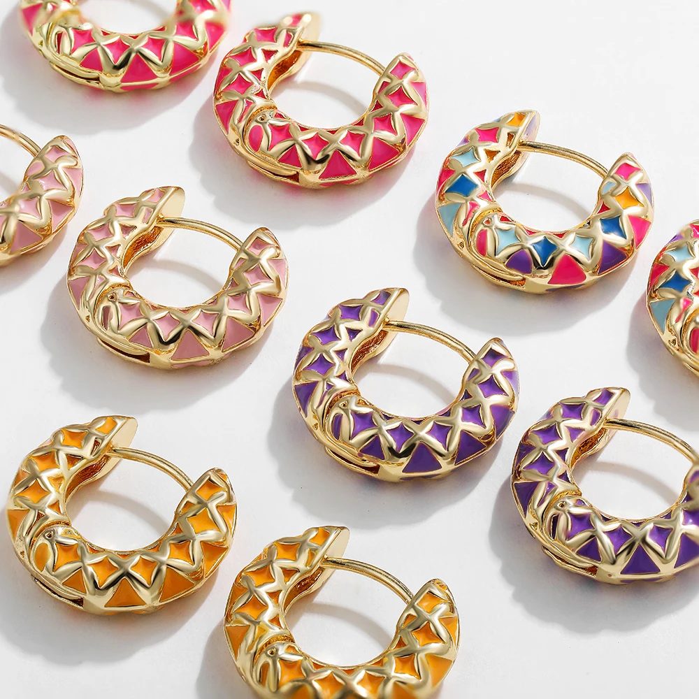 Vintage bunte Emaille runde Kreis Creolen für Frauen kreative geometrische Muster Huggies Ohrring Ohr schnalle Image