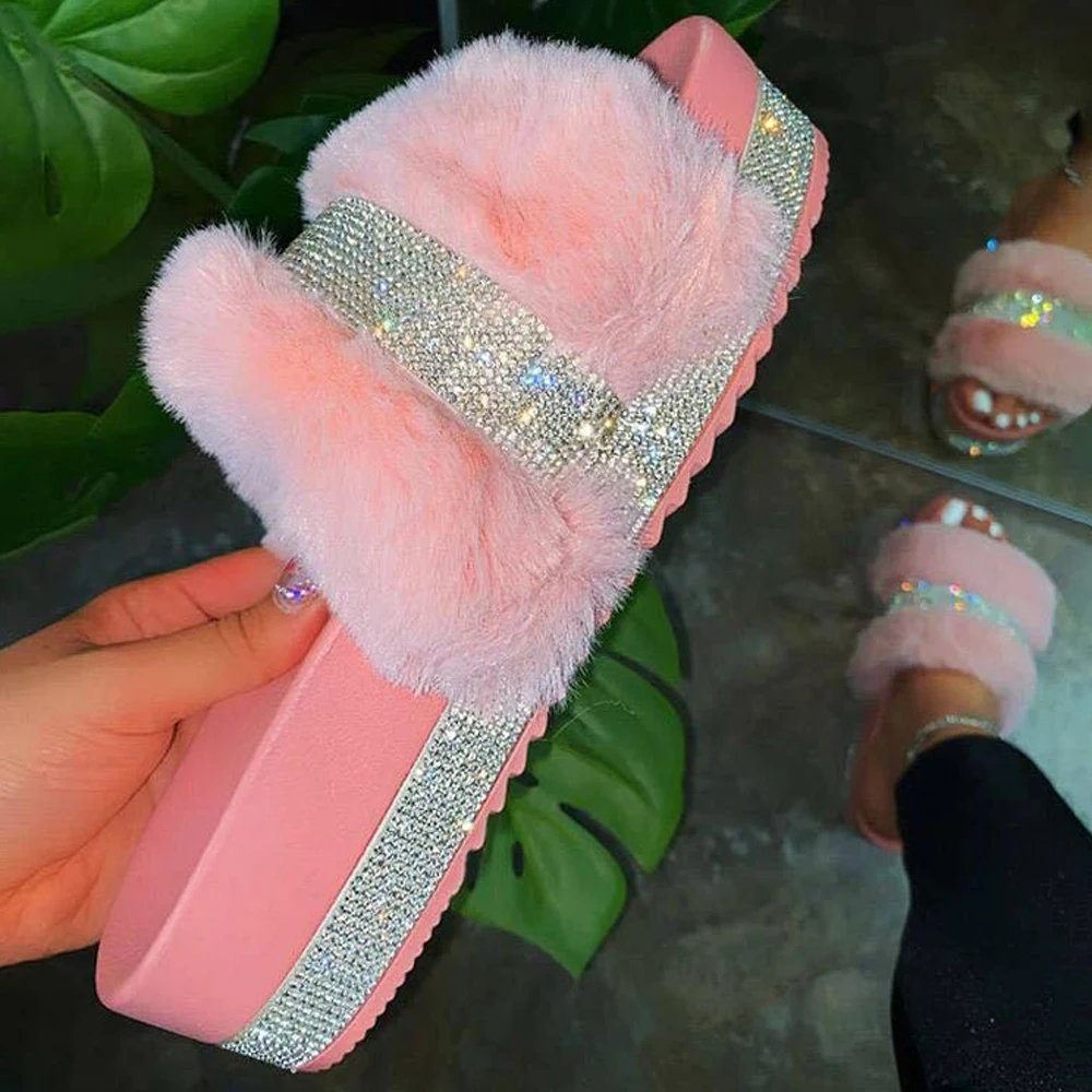Sommer Hausschuhe Frau Faux Pelz Rutschen Strass Pelzigen Rosa Schuhe Pantufas De Pelucia De Bi Flauschigen Sliders Plüsch Hausschuhe Image