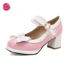 Frauen süße Lolita Schuhe Kawaii High Block Heel Mary Jane Rockabilly Pumps mit eleganter Spitze