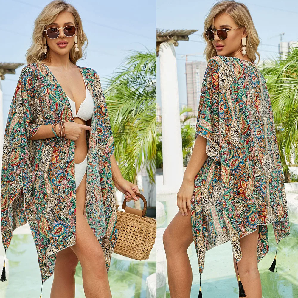 Damen Tops Floral Lose Quasten Coverups Strand Schwimmen Bikini Kimono Strickjacke Badeanzug Cover Ups Bluse Bademode Resort Wear Image